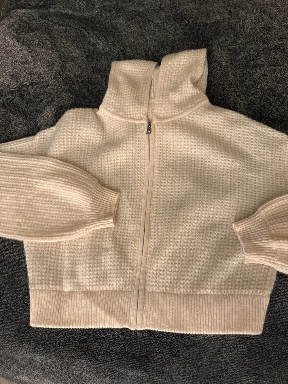 ALO Cashmere Plush Waffle Full Zip Hoodie, Ivory, size S